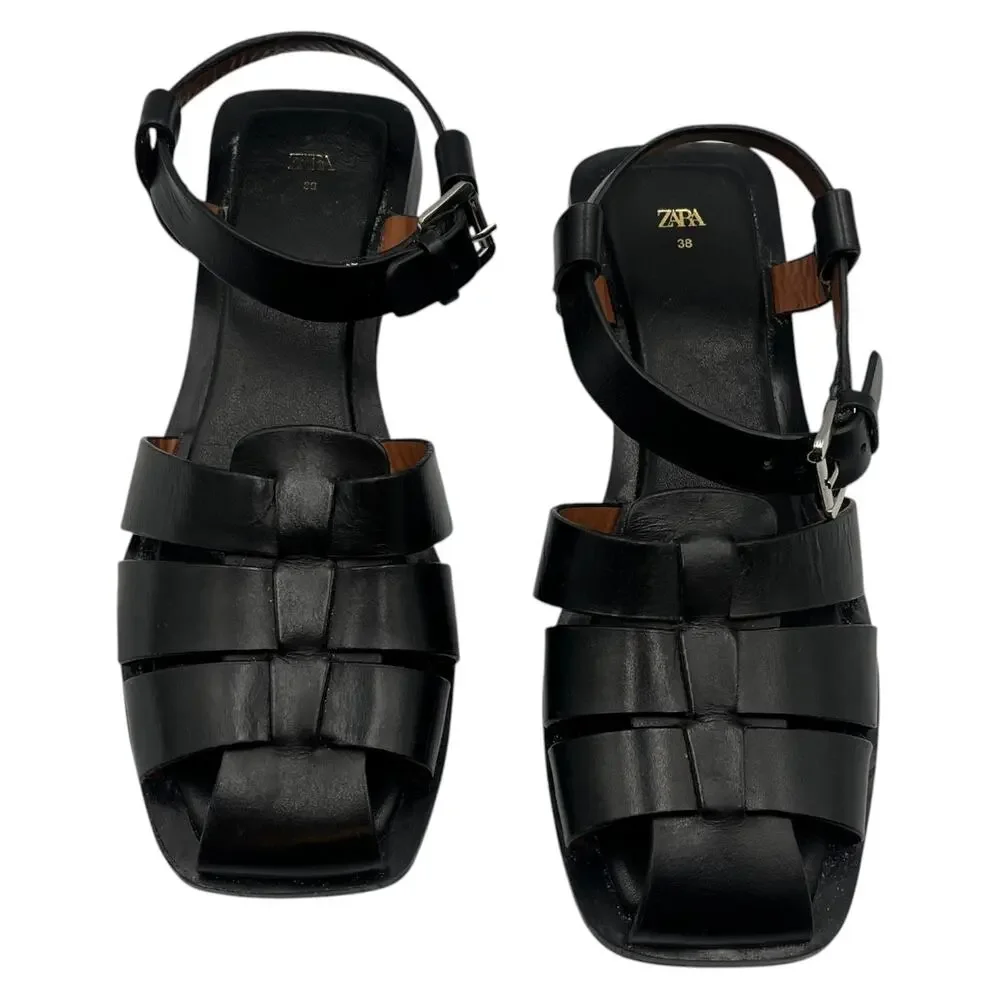 Zara Square Toe Leather Cage Fisherman Flat Sandals Black EU 38 US 7.5 - Picture 3 of 8